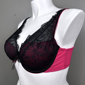 Vintage Y2K Cacique Bra 40D Hot Pink Black Lace Satin Underwire NWT Deadstock